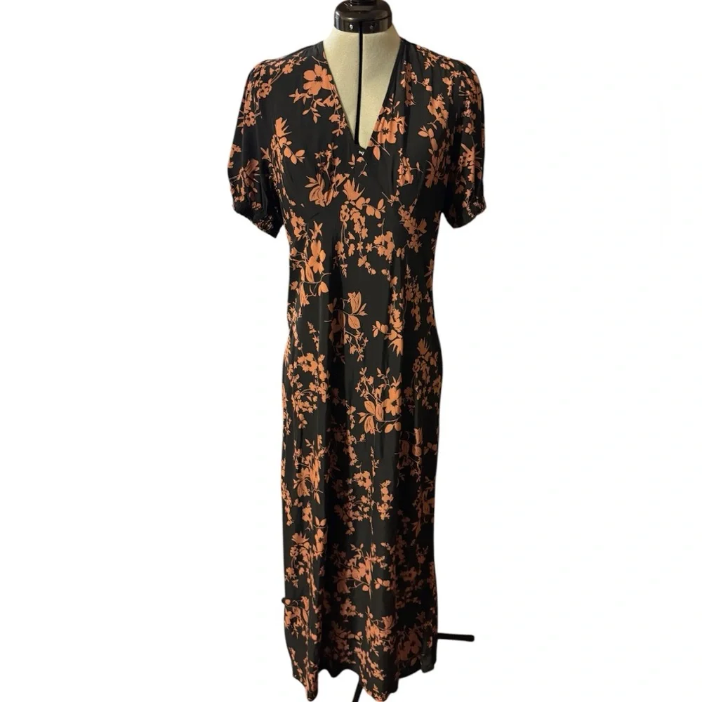 Women's Crepe Puff Short Sleeve Midi Dress - A New Day Black/Brown Floral - Picture 2 of 6